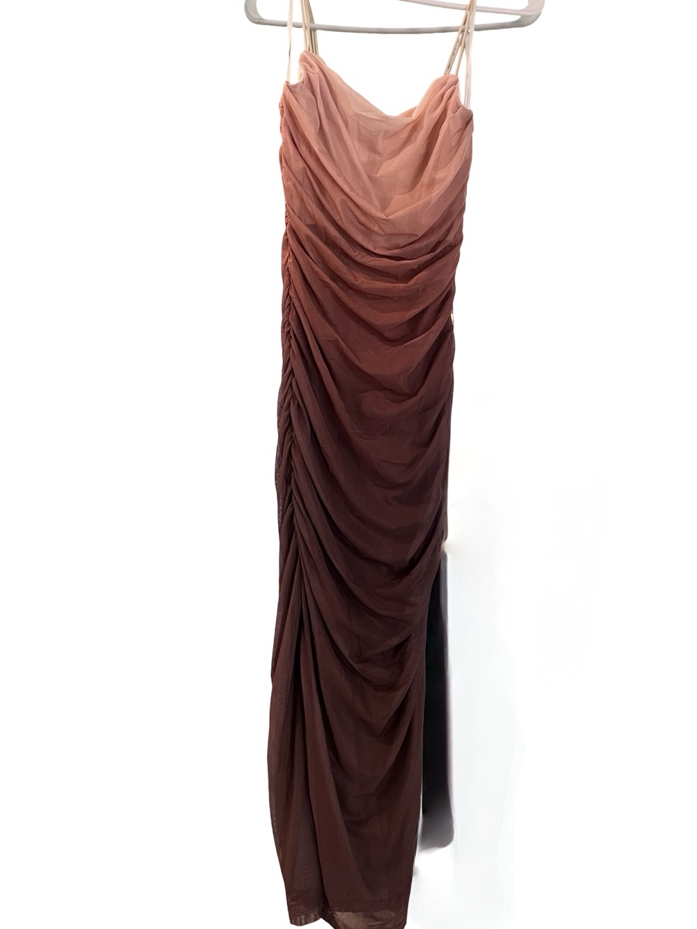 Hello Molly Brown Ombre Ruched Maxi Slip Mesh Midi